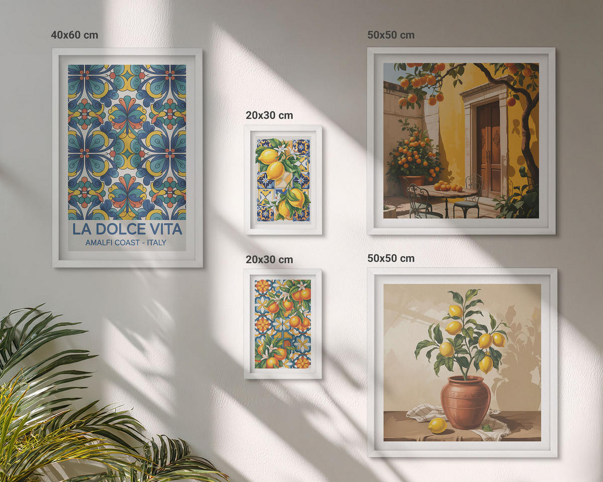 WANDBILDER 5er-Set - 50x50 cm & 20x30 cm & 40x60 cm Weißer Rahmen - Zitronen, Blumen, Orangen, Italien - Weiß, Kunststoff (40/60cm) - ArtPrintCave