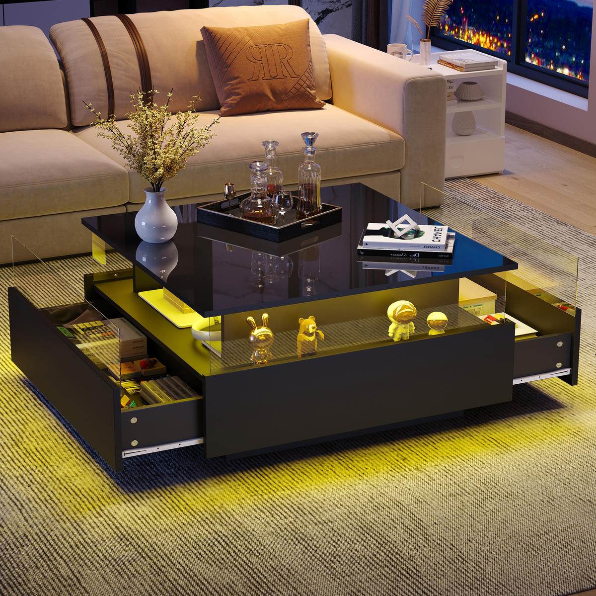 COUCHTISCH mit LED 70x70 cm Schwarz mit 2 Schubladen - Schwarz, Holzwerkstoff (70/70/41cm) - Meubliv