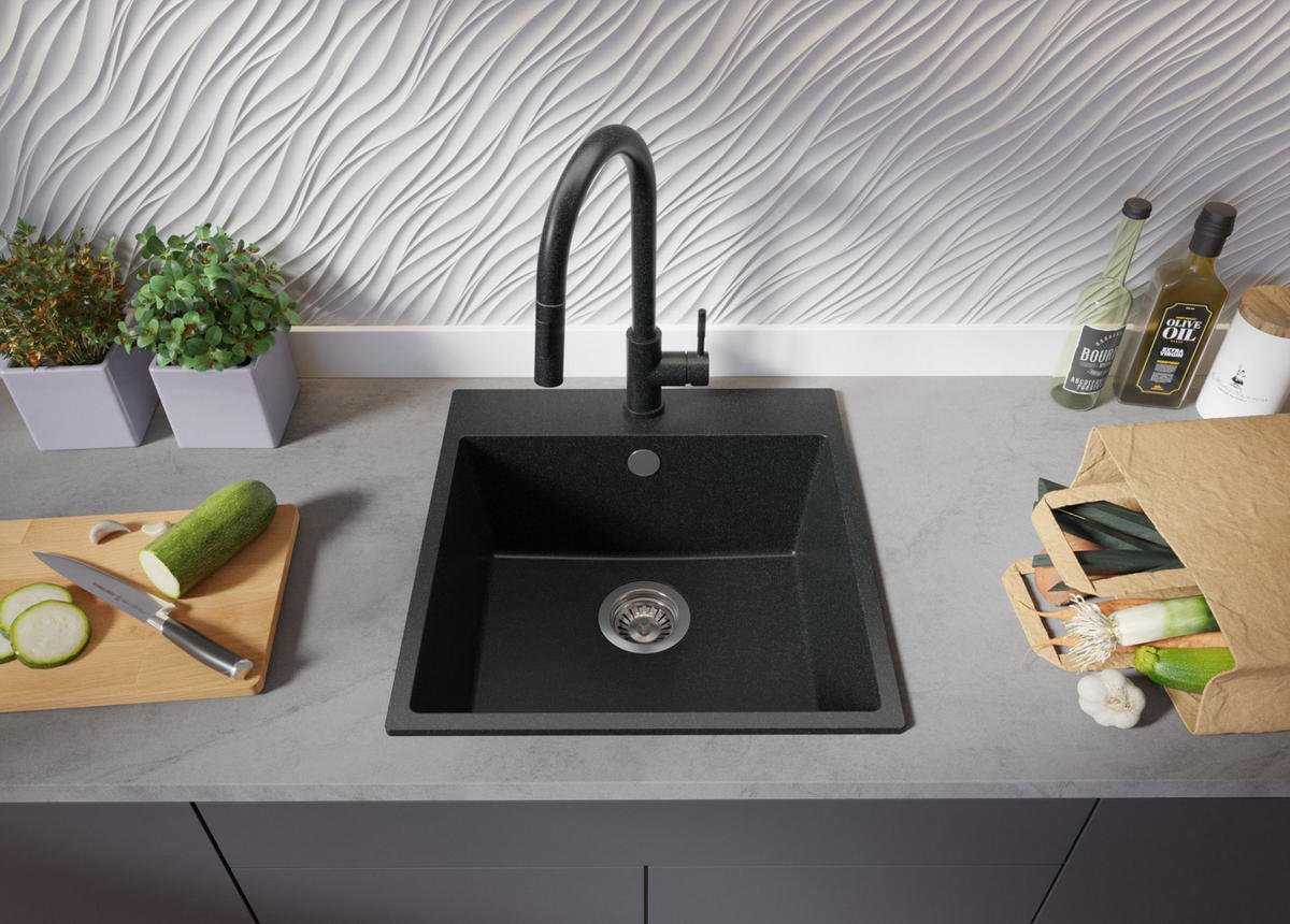 SPÜLBECKEN Riga, 2-er set Anthrazit 48/50 cm 1 Becken + Ablauf-Set ab 50er Unterschrank - Chromfarben/Anthrazit, Kunststoff (48/20/50cm) - Primagran