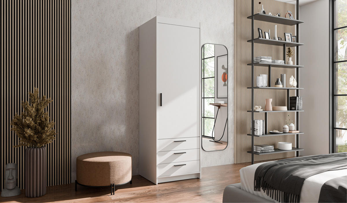 KLEIDERSCHRANK Storicos Weiß 59,9/190,5/53 cm - 1T3S Modern mit Schubladen - Weiß, Holzwerkstoff/Kunststoff (59.9/190.5/53cm) - AX Living