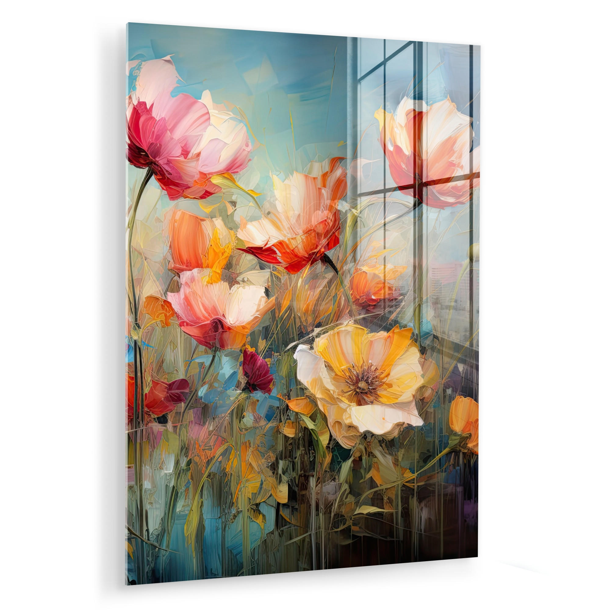 ACRYLGLASBILD Blumen - Aquarell - Kunst - Botanisch - Natur 60x80 cm - Orange, Glas (60/80cm) - MuchoWow