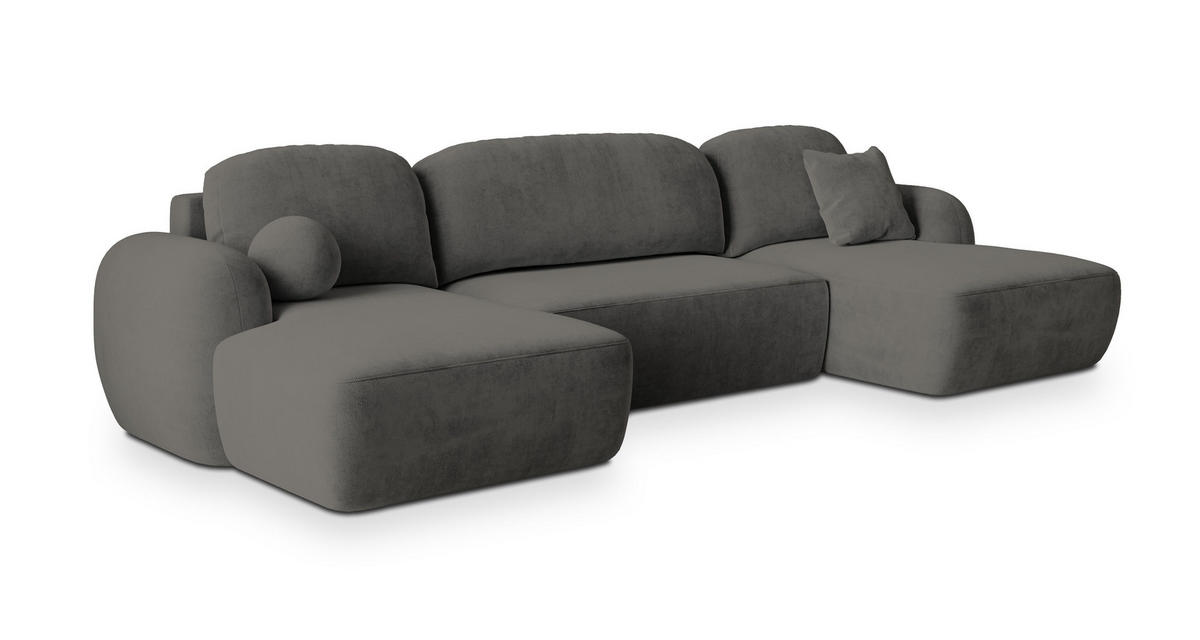 WOHNLANDSCHAFT SAVONA K Grau Plüsch-Stoff mit Schlaffunktion - Grau, Holz (320/90/148cm) - MASSENO