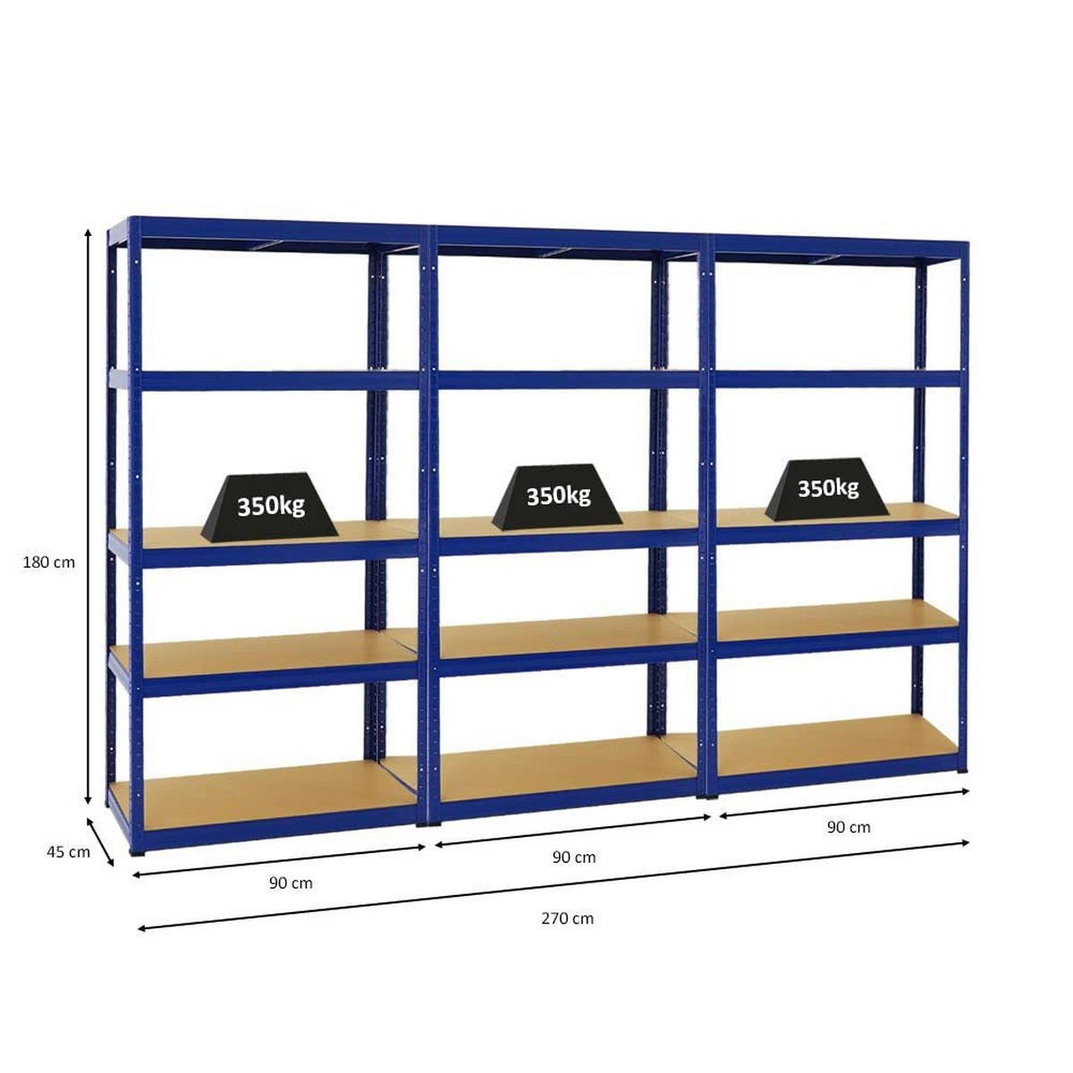 SCHWERLASTREGAL Slim Elephant S 3er-Set mit 3x 180x90x45 cm 5 Ebenen Fachlast 350 kg Blau - Blau, Metall (270/180/45cm) - PROREGAL