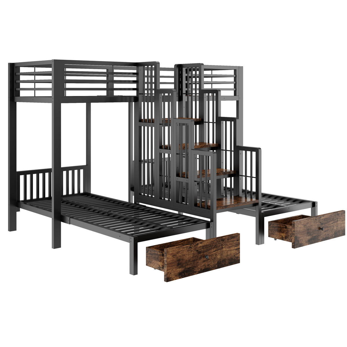 ETAGENBETT 90/200 cm mit Treppe und Schubladen, DE-41595, in Schwarz - Schwarz, Metall (90/200cm) - ComfortXL