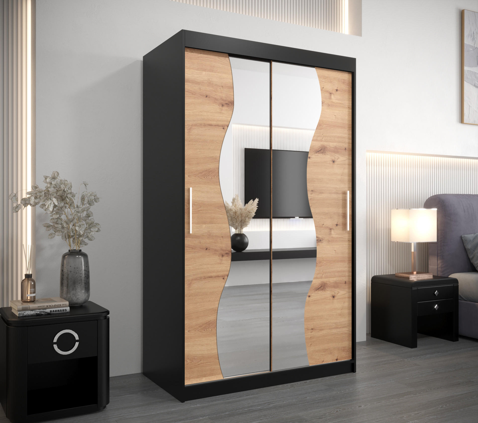 SCHWEBETÜRENSCHRANK 200/120/62 2-türig - Silberfarben/Schwarz, Holz/Kunststoff (120/200/62cm) - Abiks Möbel