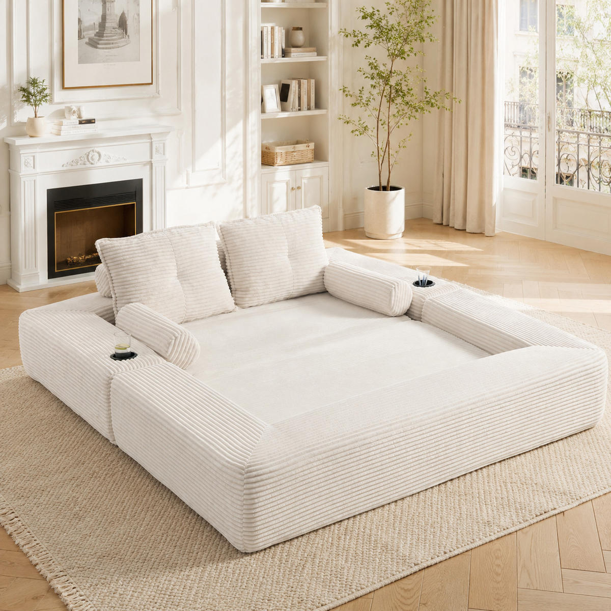 SCHLAFSOFA mit Cordbezug, Memory-Kissen, Getränkehalter und Zierkissen - Beige, Textil (180/80/98cm) - EVRYAE