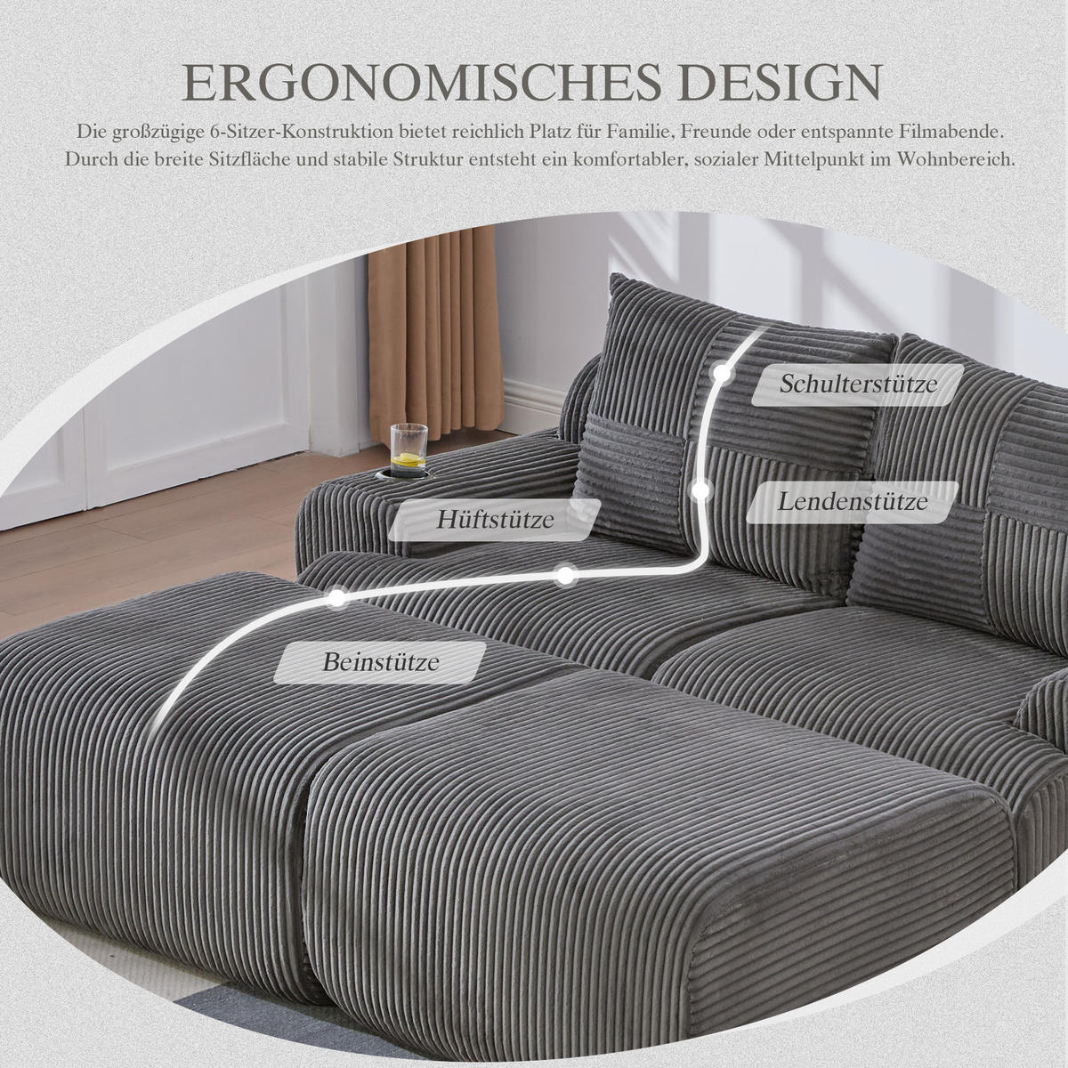 MODULARES 2-Sitzer Sofa Cordstoff mit Getränkehalter und Seitentasche 200/174/80 cm Dunkelgrau - Dunkelgrau, Textil (174/80/200cm) - Redom