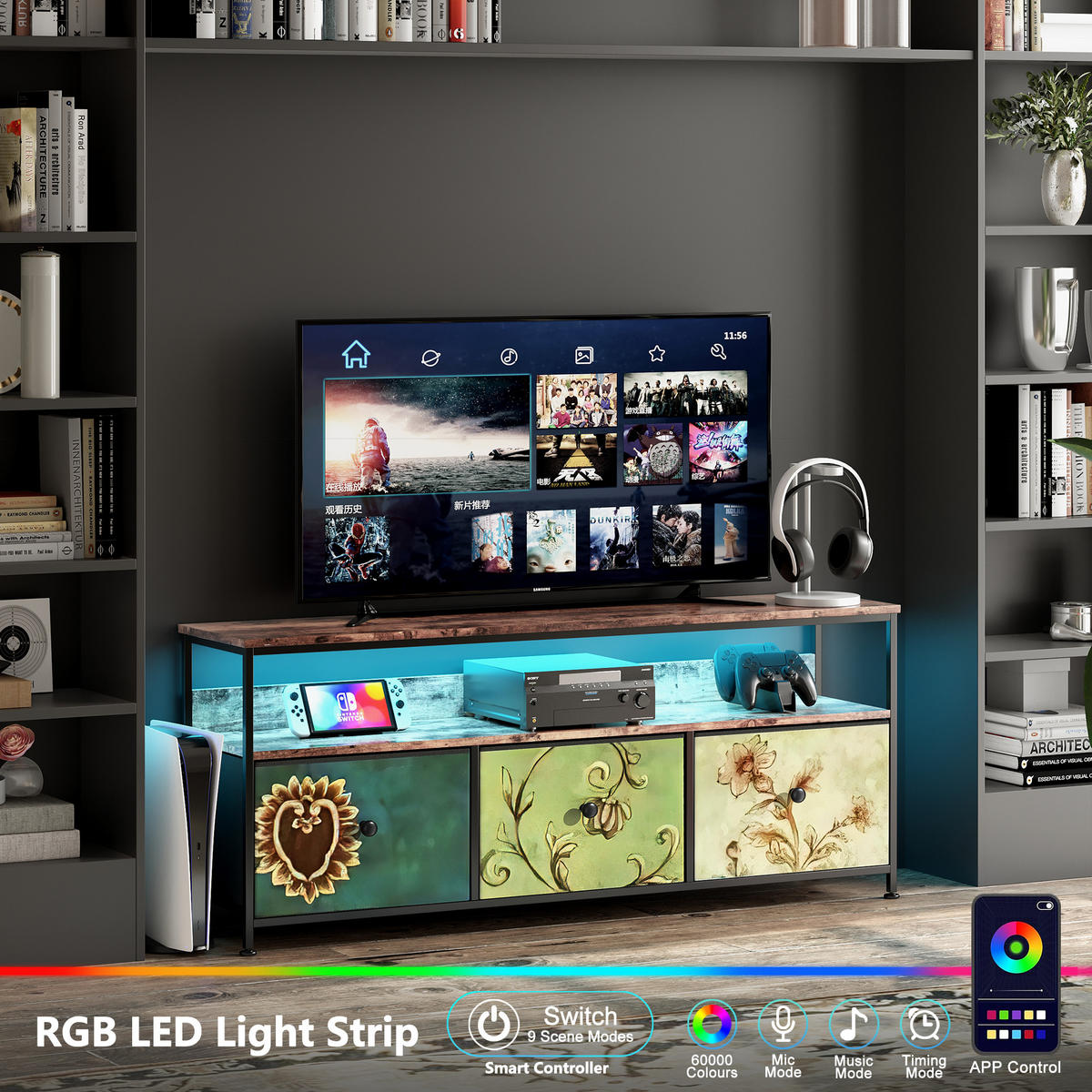 TV-SCHRANK 137 cm mit LED, 3 Stoffschubladen & Offene Fächer - Multicolor, Holz (30/57/137cm)