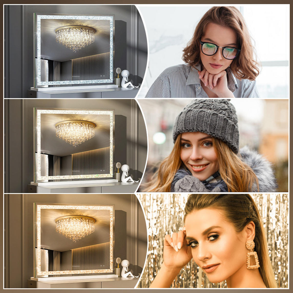 SCHMINKSPIEGEL mit LED Lichtleiste mit Diamant-Effekt und Bluetooth weiß 100/80 cm - Weiß, Metall (108/92/15cm) - VANITII