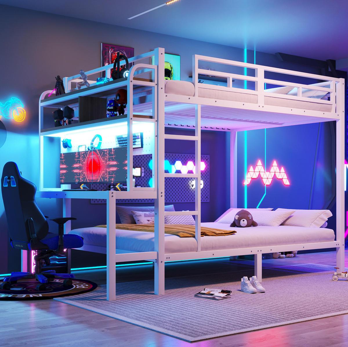 ETAGENBETT 140/200 cm mit Schreibtisch, Ablagefächern, LED und USB, Metall/MDF, Weiß - Weiß, Metall (140/200cm) - Redom