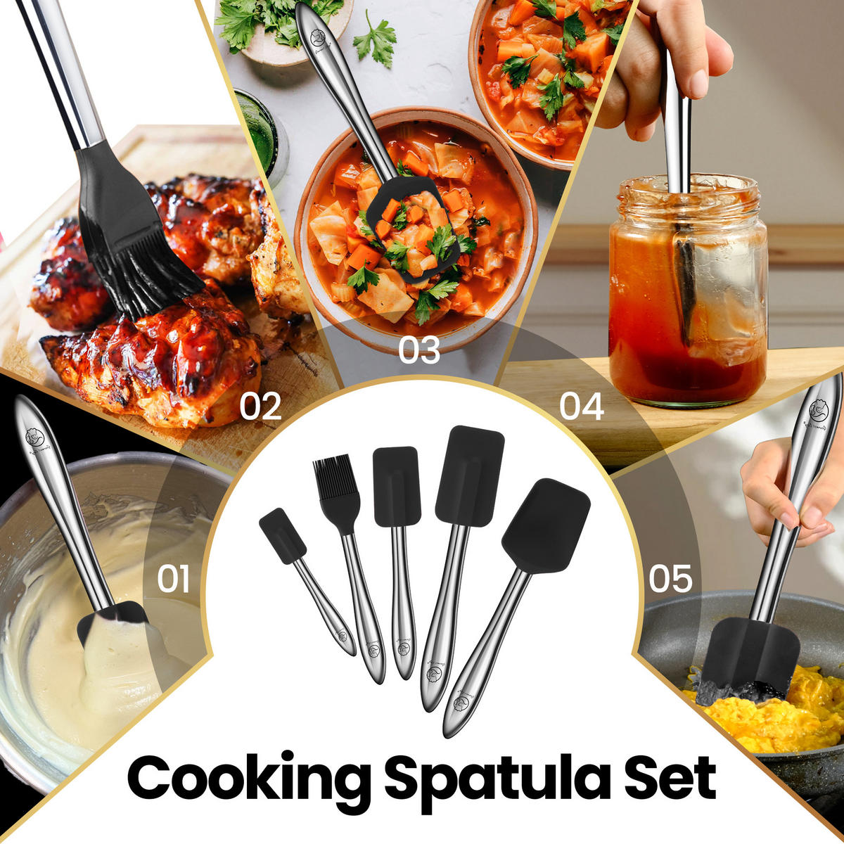 SILIKON-SPATEL-SET 5-teilig, schwarze Küchenhelfer, hitzebeständig mit Teigschaber & Pinsel - Schwarz, Metall - Gourmet Easy