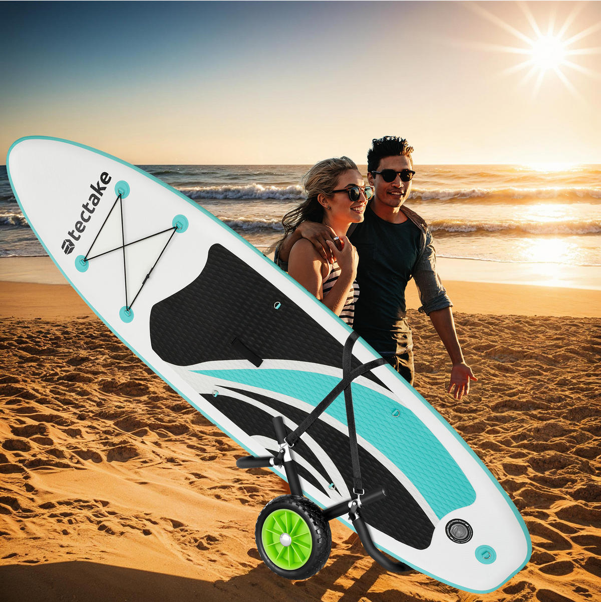 SURFBOARD TRANSPORTWAGEN Wavewheel,inkl. 2 Sicherungsgurte, 42 x 70 x 48,5 cm,schwarz/grün - Schwarz/Grün, Metall (42/70cm) - tectake
