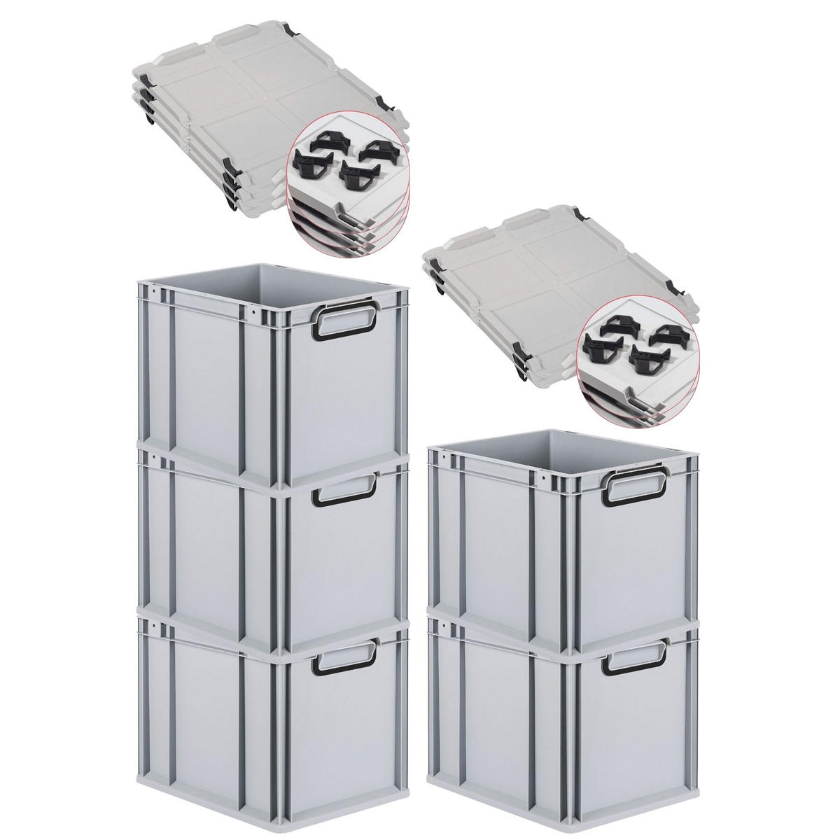 EUROBOX 5x NextGen Color mit Auflagedeckel 32x30x40 cm 30 Liter Grau Griffe schwarz zu - Schwarz/Grau, Kunststoff (30/32/40cm) - PROREGAL