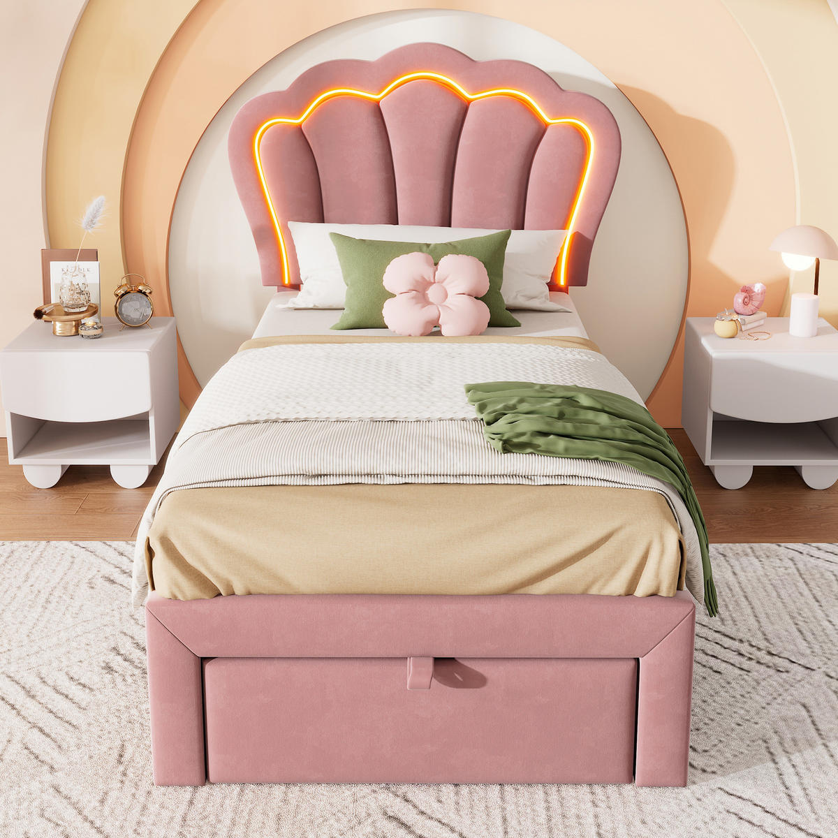KINDEREINZELBETTEN aus Samt 90x200 cm in Rosa mit LED & Schublade - Rosa, Textil (90/200cm) - Modfu
