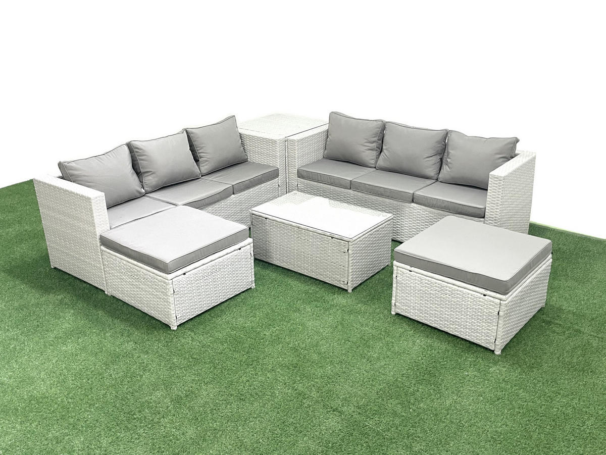 GARTENGARNITUR mit 3-SITZER SOFA,COUCHTISCH Polyrattan Hellgrau-Mix 8-Sitzer - Hellgrau/Grau, Glas/Kunststoff - Fimous