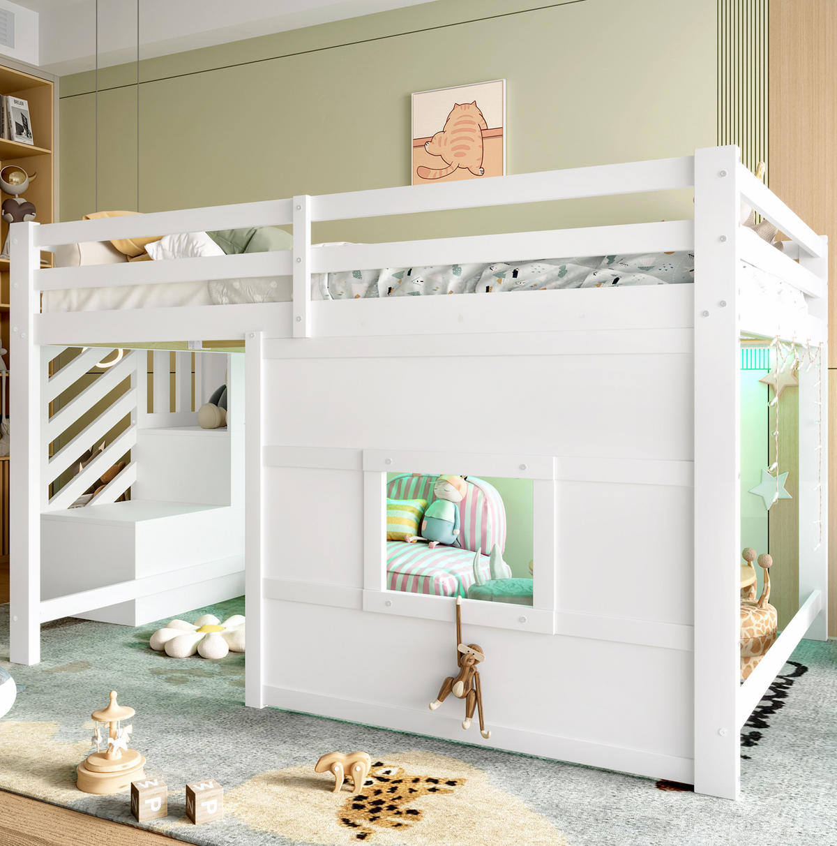 HOCHBETT 140/200 cm in Weiß mit Stauraumtreppe, Fenster und LED-Beleuchtung - Weiß, Holzwerkstoff (140/200cm) - Flora Grace