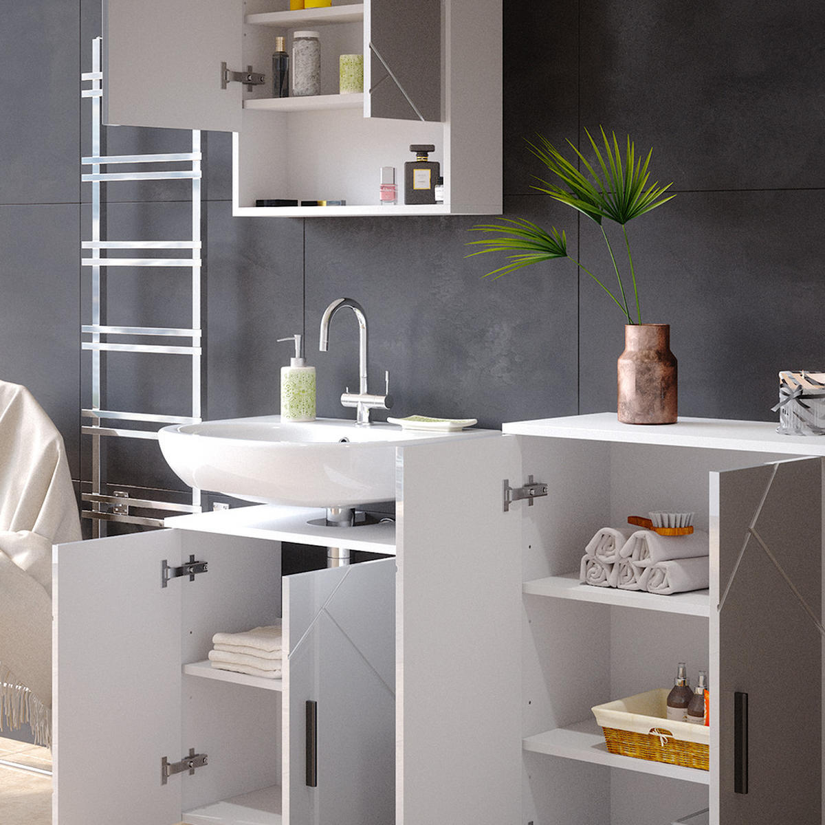 BADMÖBEL-SET Irma Weiß Hochglanz 3 Teile, mit Unterschrank 60 cm - Weiß Hochglanz/Weiß, Holzwerkstoff (80/58.6/41cm) - Vicco
