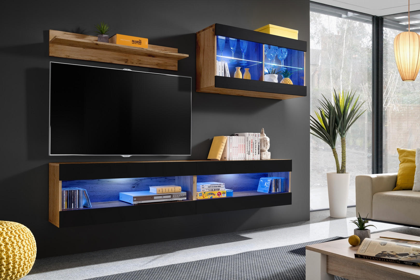 4-ER Set, Wohnwand TIVOLI SET6+BLU Offener Raum Wotan + Schwarz - Schwarz/Weiß, Glas/Holzwerkstoff (240/195/35cm) - Komodee