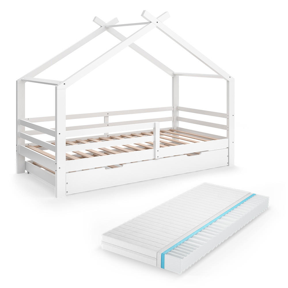 HAUSBETT Luni Weiß 200 x 90 cm mit Gästebett und Matratze - Weiß, Holz - VitaliSpa