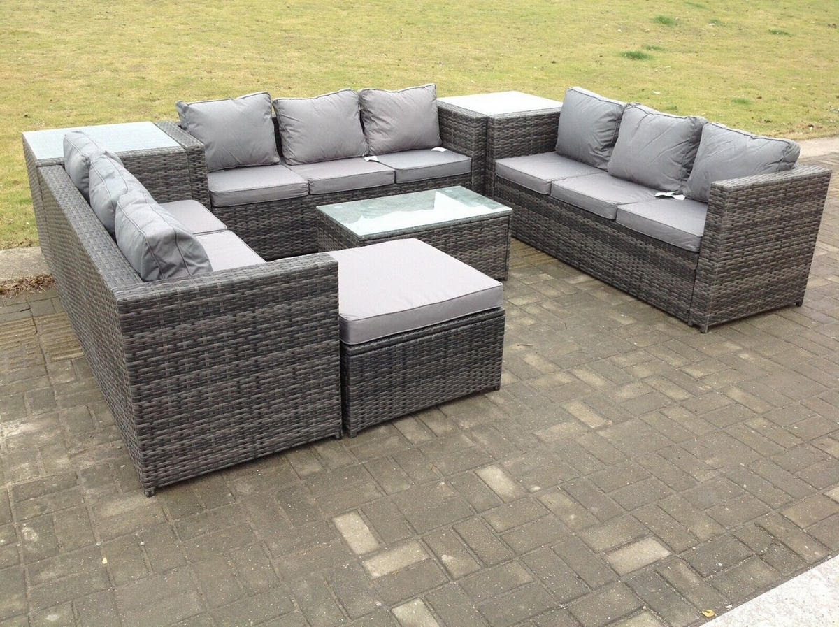 SITZGRUPPE Polyrattan 10-Sitzer - Dunkelgrau/Grau, Glas/Kunststoff - Fimous