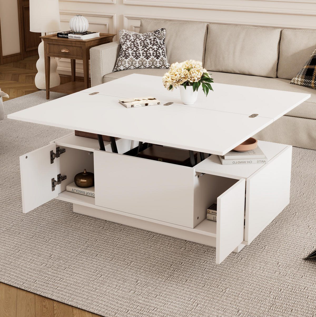 COUCHTISCH 100/50 cm in Weiß mit Doppel-Hebemechanismus und Stauraum - Weiß, Holzwerkstoff (100/50/43cm) - Flora Grace
