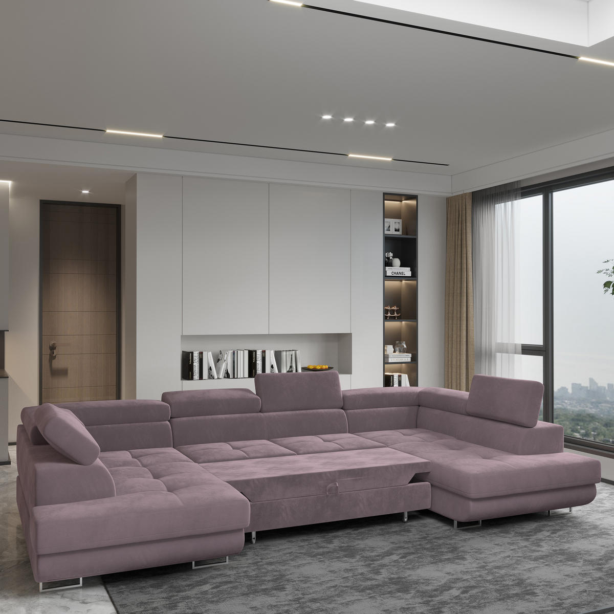 WOHNLANDSCHAFT RAGGIO Lila Velours-Stoff mit Schlaffunktion - Lila, Holz (336/90/202cm) - MASSENO