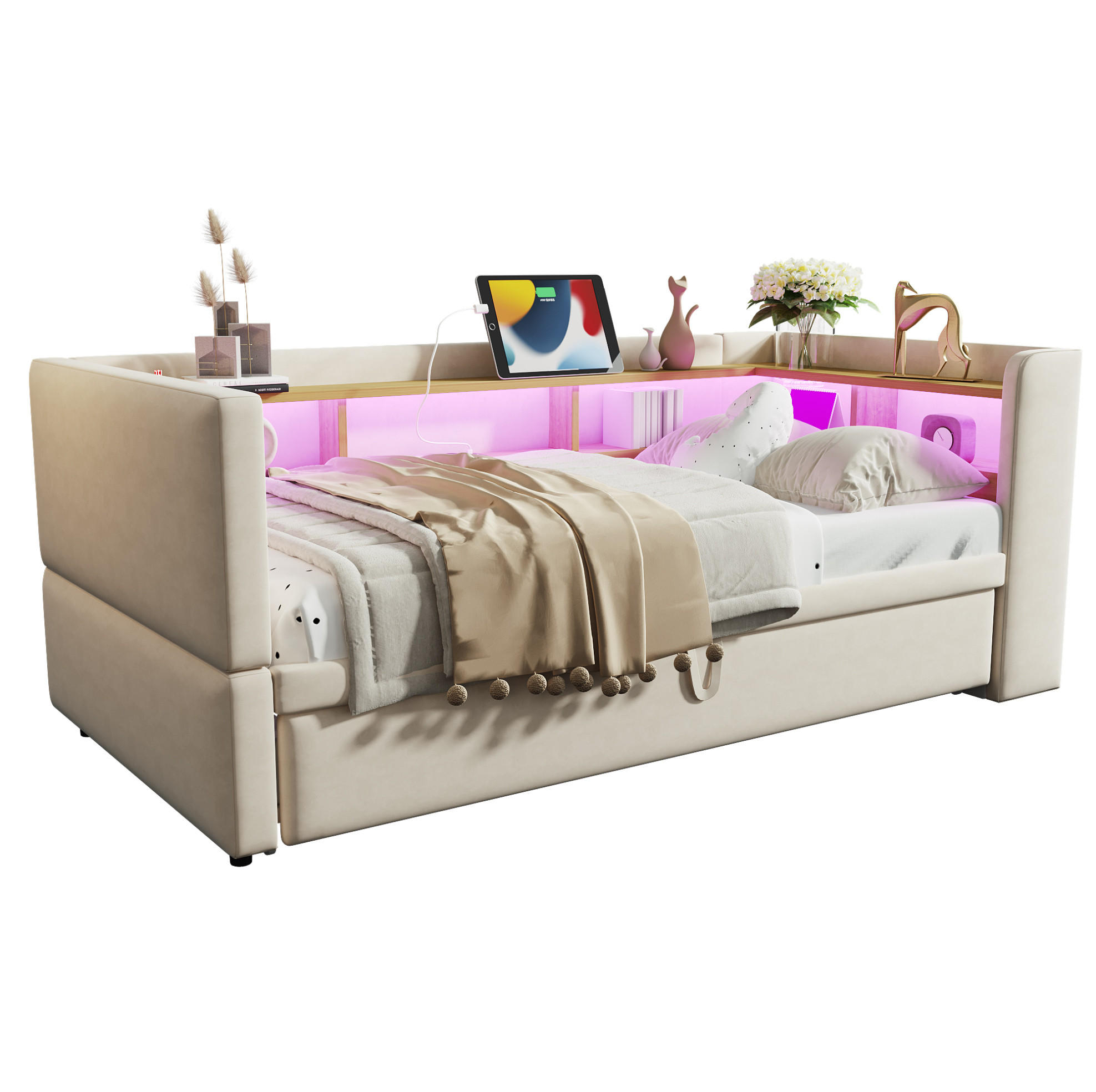 POLSTERBETT 90/180 cm Beige aus Flanell mit LED und Steckdosen - Beige, Textil (90/190cm) - OKMYHOME