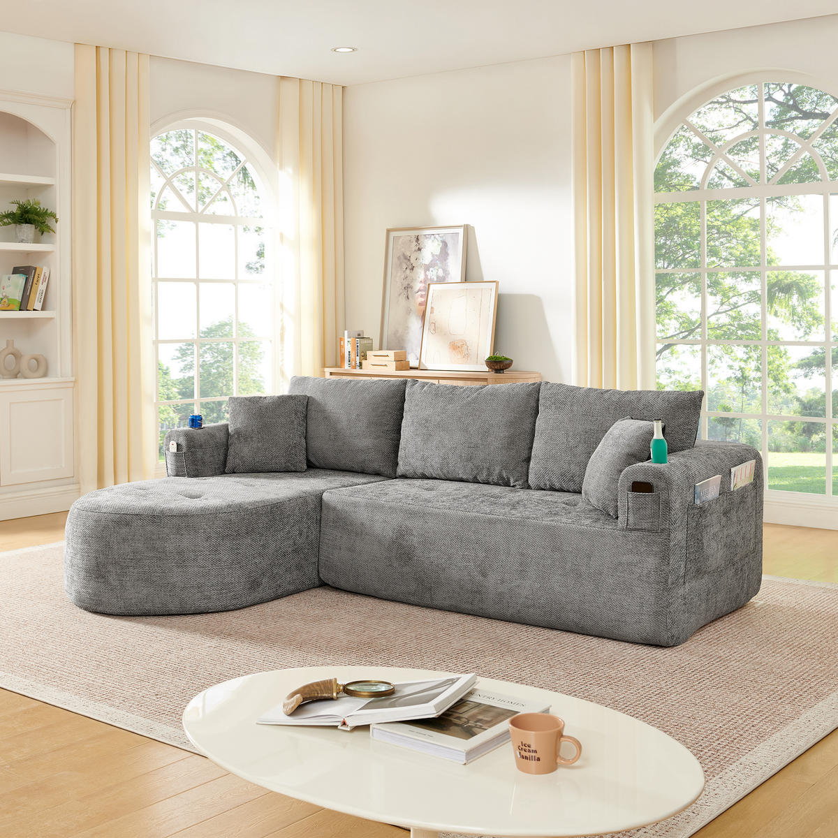 ECKSOFA 255/171/64 cm Grau Leinen mit 2 Getränkehalter - Grau, Textil (255/171cm) - Oxeza