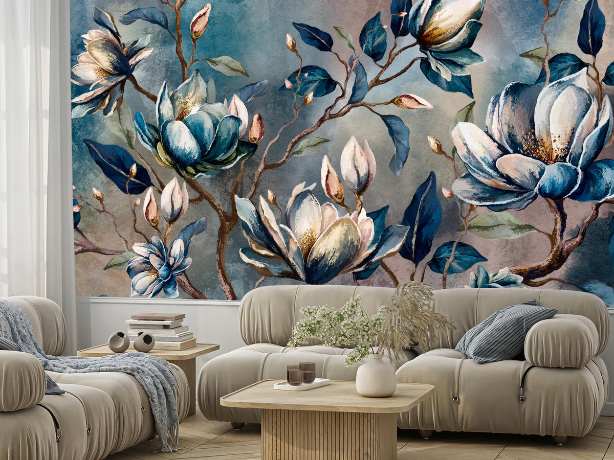 FOTOTAPETE für Wohnzimmer Wunderschöne Magnolien Blätter Zweige Blumen 500x350 - Multicolor, Papier (500/350cm) - Muralo