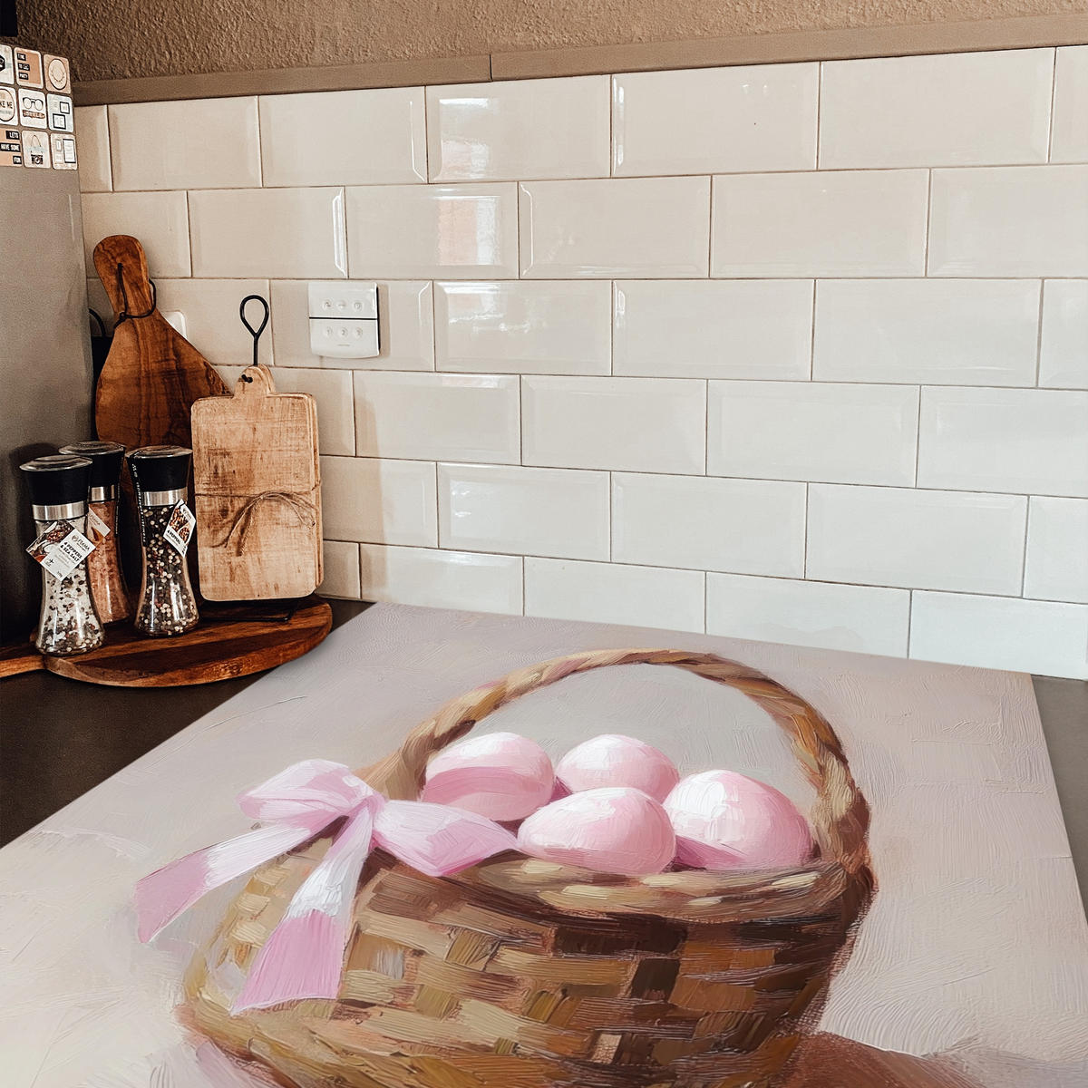 HERDABDECKPLATTE Korb - Eier - Rosa Induktionsmatte 78x78 cm - Beige, Kunststoff (78/78/0.2cm) - MuchoWow