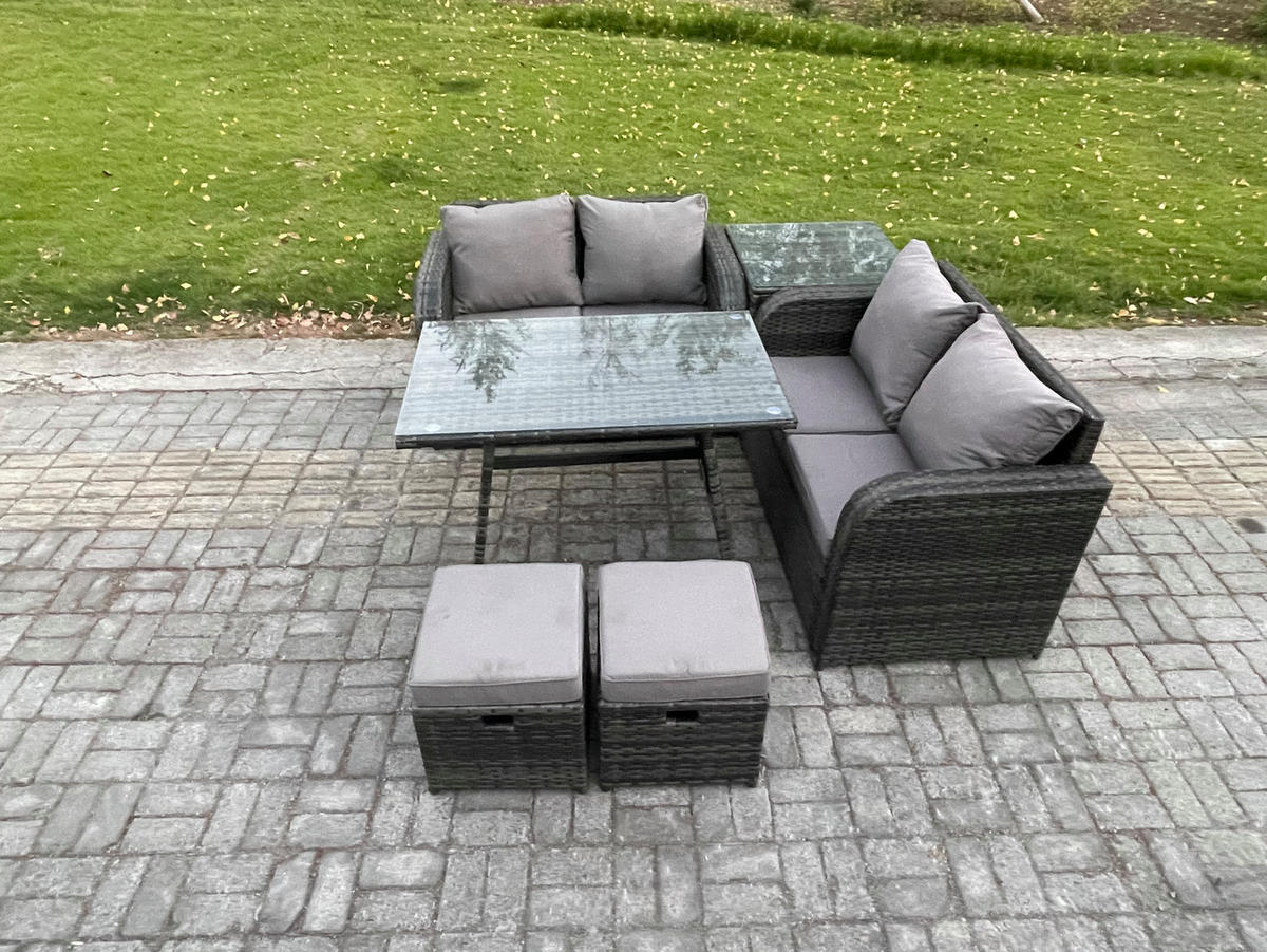 BALKONSET mit ESSTISCH SOFA Polyrattan Dunkelgrau 6-Sitzer - Dunkelgrau/Grau, Glas/Kunststoff - Fimous