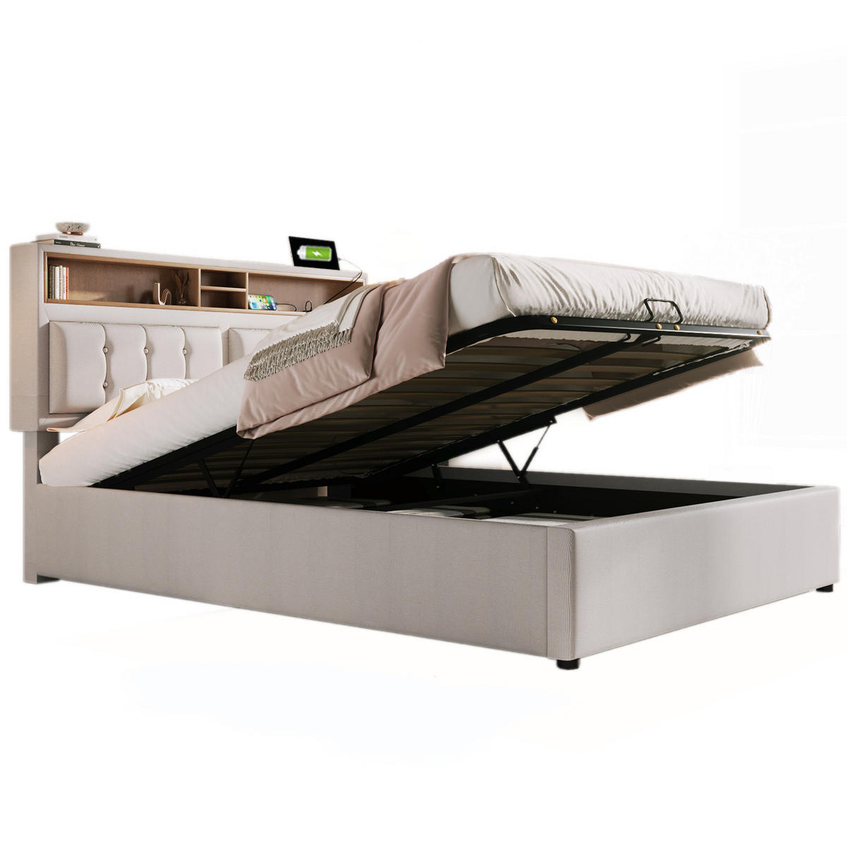 POLSTERBETT 140/200 cm Beige mit Stauraum und USB- und Type-C-Anschlüssen - Beige, Textil (140/200cm) - Flora Grace