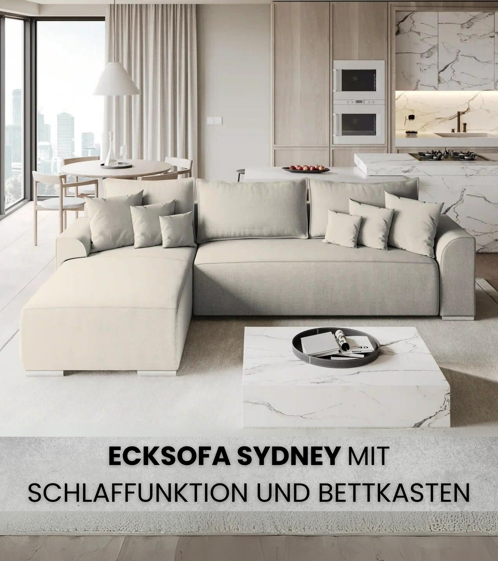 ECKSOFA Sydney mit Schlaffunktion Beige Leinenoptik - Beige, Textil (280/184cm) - Bromarkt