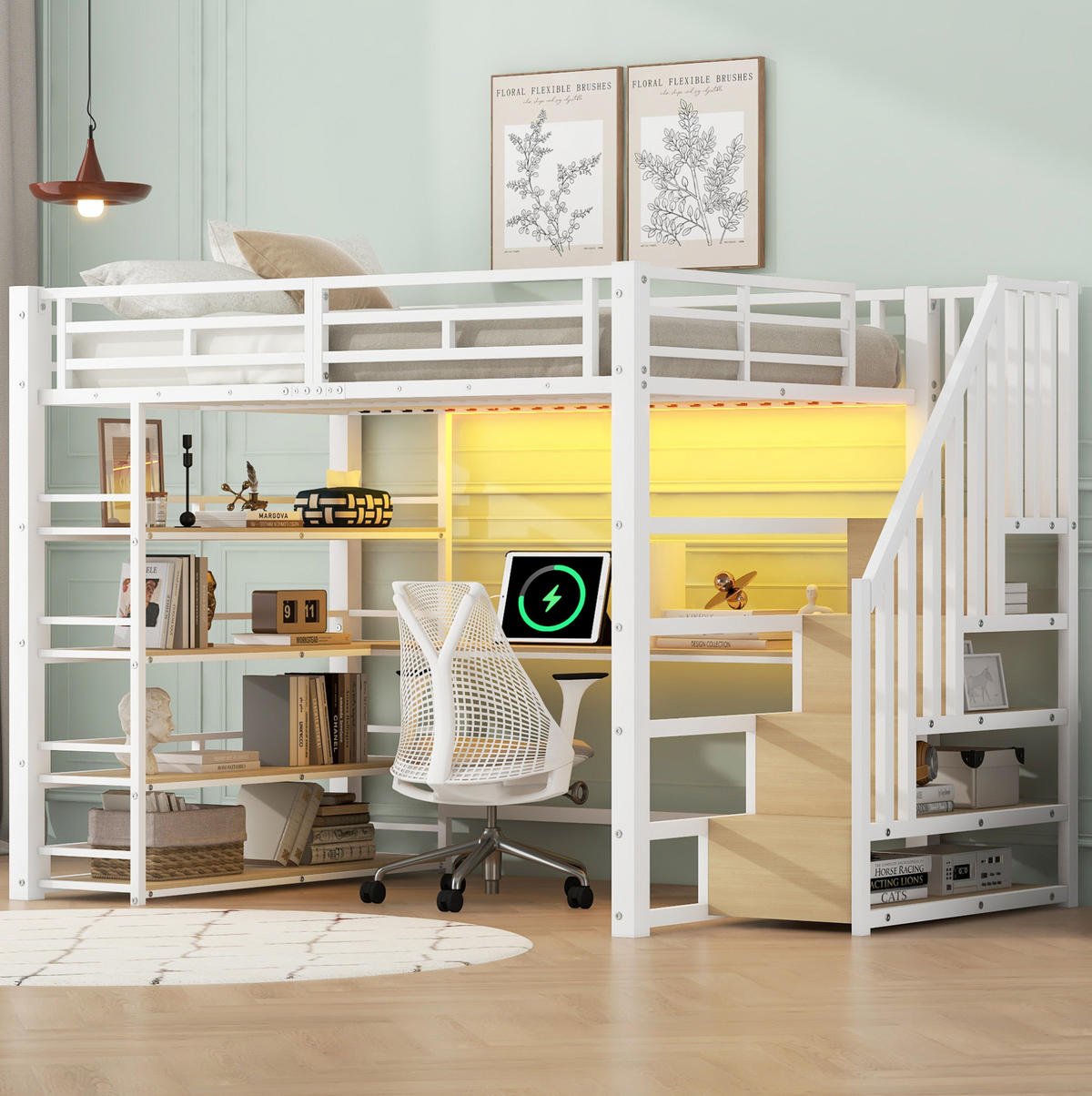 HOCHBETT 140/200 cm aus Metall mit Schreibtisch, Stauraumtreppe, Regal, LED und USB-Ladestation, Weiß - Weiß, Holzwerkstoff (140/200cm) - Redom