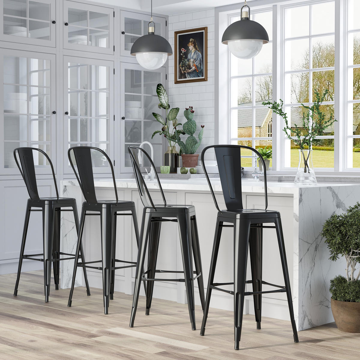 BARHOCKER 4er-Set DE-14681 mit Rückenlehne & Fußstütze Schwarz - Schwarz, Metall (49/116/44cm) - ComfortXL