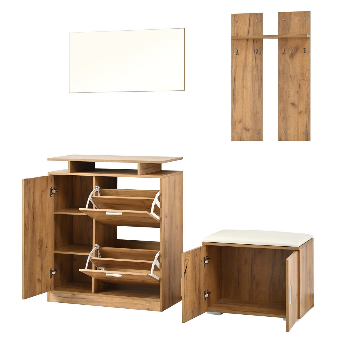FLUR-GARDEROBEN-SET 140/35/133 cm aus Spanplatte mit Spiegel und gepolsterter Schuhbank Natur - Naturfarben, Holzwerkstoff (140/133/35cm) - Modenvie