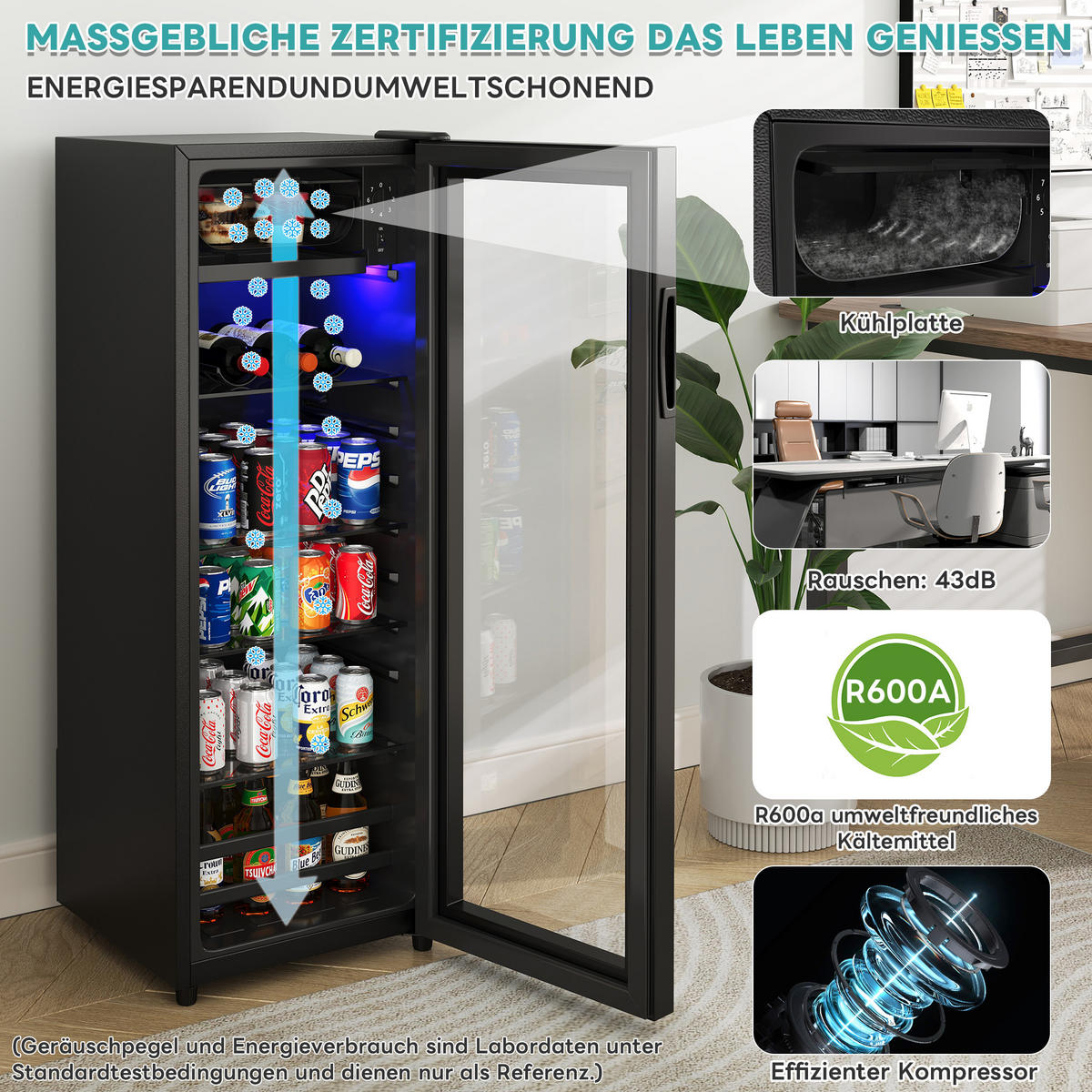 MINIKÜHLSCHRANK 40.5/40/112 cm Schwarz 128L mit verstellbare Einlegeböden und blaueLED - Schwarz, Metall (40/110/40.5cm) - Oxeza