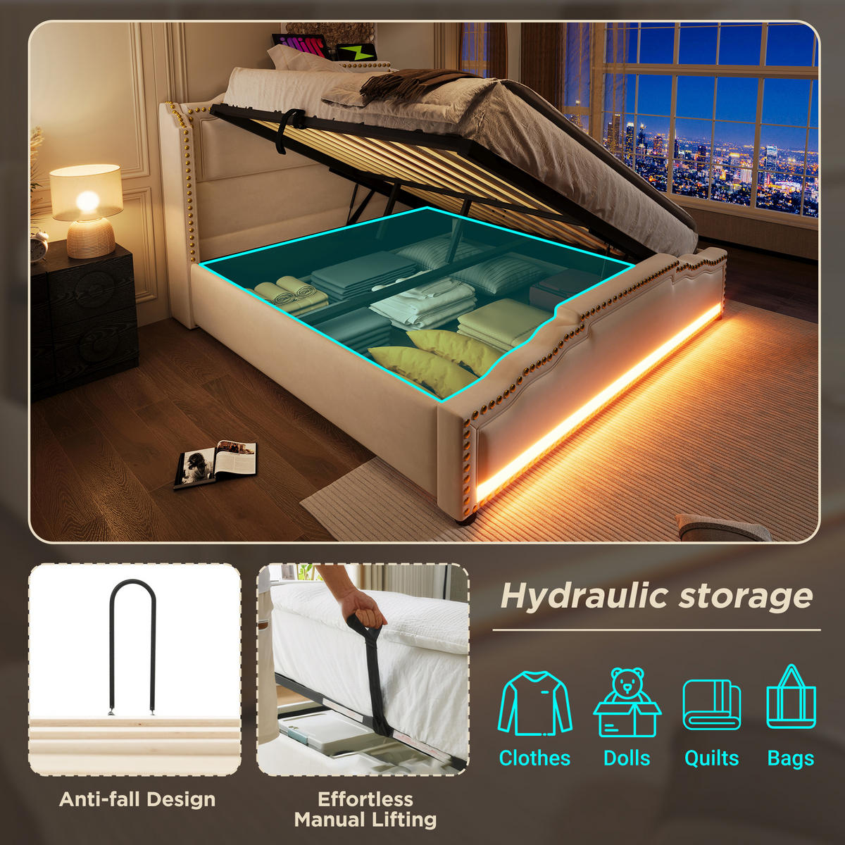 POLSTERBETT 140/200 cm Beige mit hydraulischem Stauraum und LED-Beleuchtung - Beige, Textil (140/200cm) - OKWISH