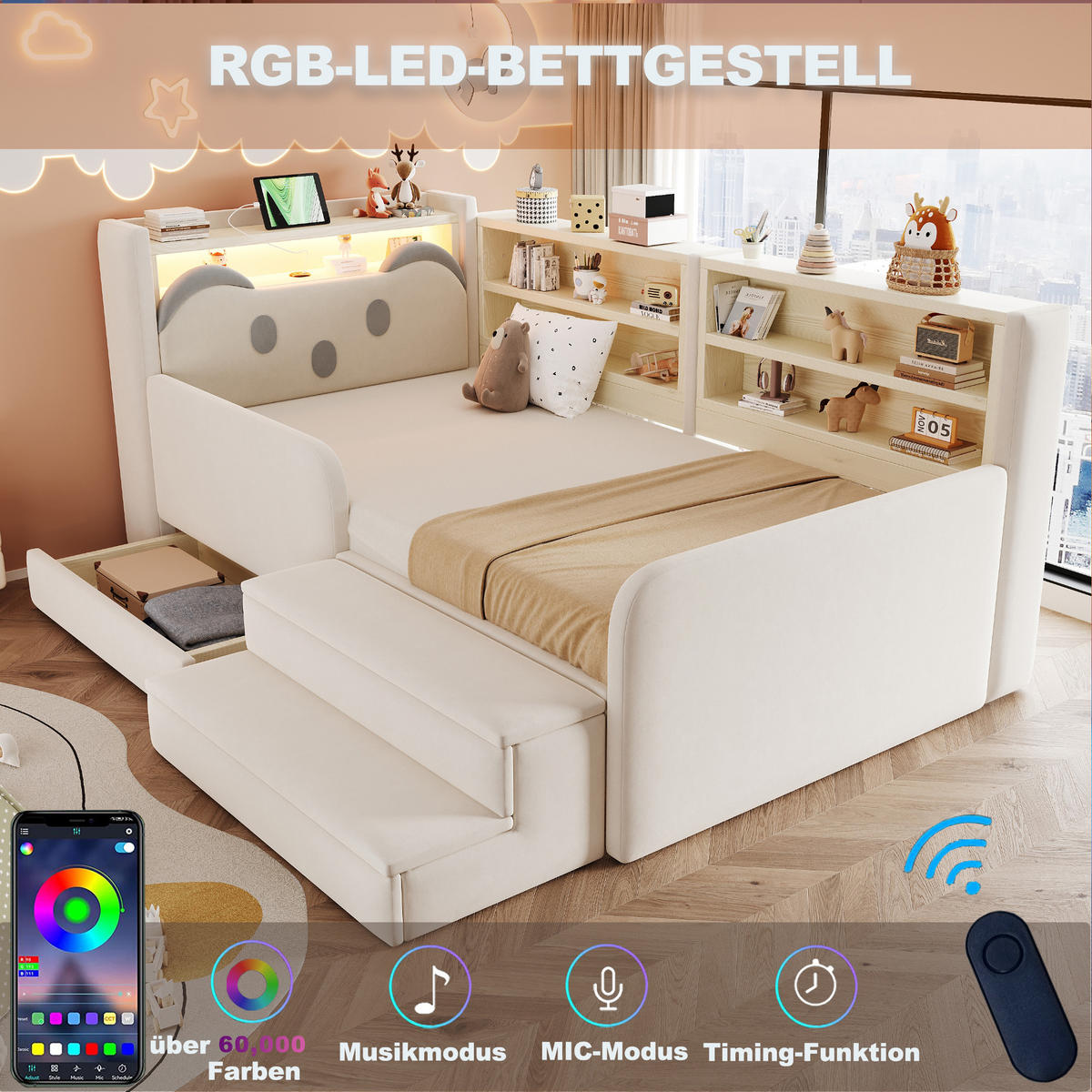 POLSTERBETT 90*200 cm mit LED, USB und Schublade, Beige - Beige, Textil (90/200cm) - FLIEKS