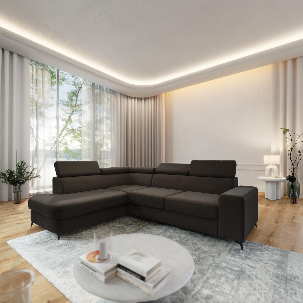 ECKSOFA ALVORO L-S Braun Velours-Stoff mit Schlaffunktion - Braun, Holz (253/190cm) - MASSENO