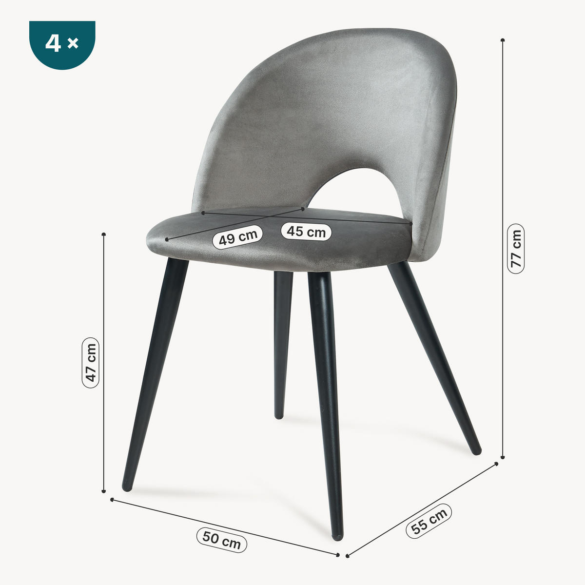 ESSZIMMERSTUHL-SET 4 TLG. Karijoki - Schwarz/Grau, Textil/Metall (50/77/55cm) - [en.casa]
