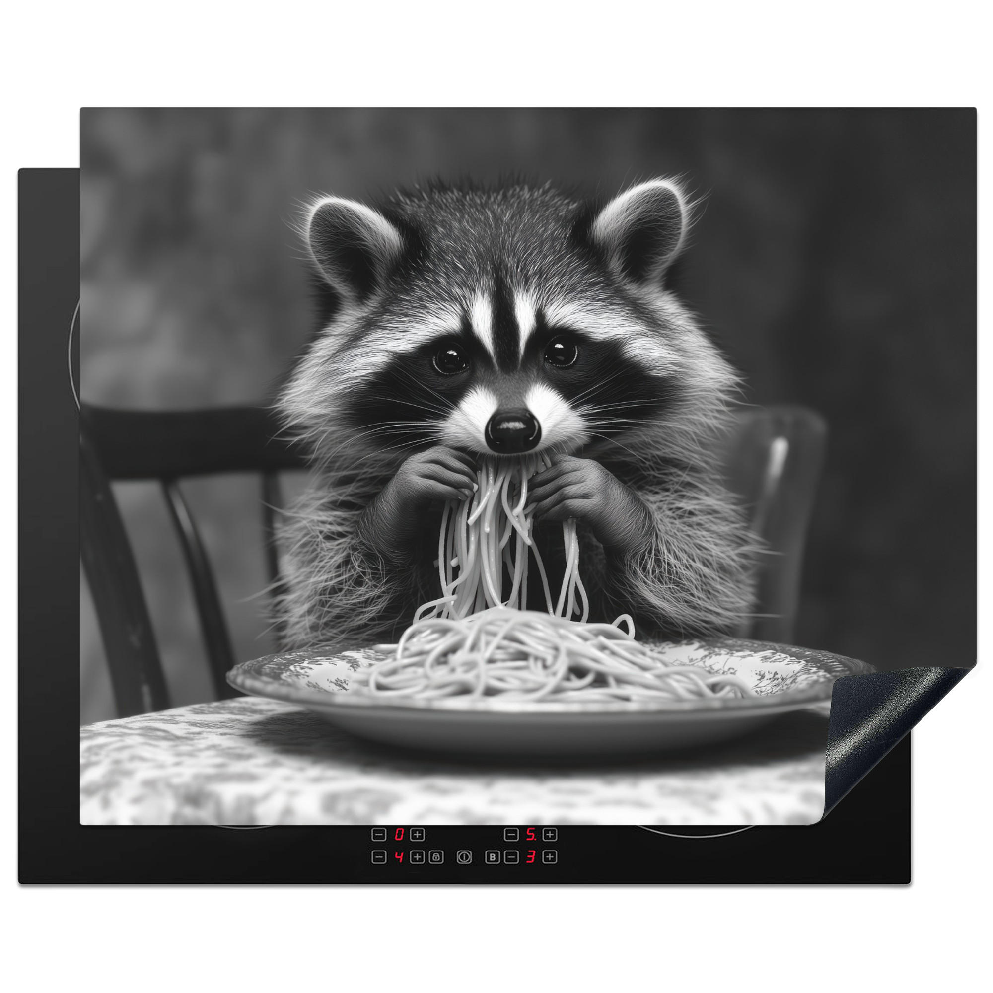 HERDABDECKPLATTE Waschbär - Niedlich - Pasta - Tischtuch - Schwarz - Weiß Herdabdeckung Induktionsfeld 65x52 cm - Grau, Kunststoff (65/52/0.2cm) - MuchoWow