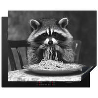 HERDABDECKPLATTE Waschbär - Niedlich - Pasta - Tischtuch - Schwarz - Weiß Herdabdeckung Induktionsfeld 65x52 cm - Grau, Kunststoff (65/52/0.2cm) - MuchoWow