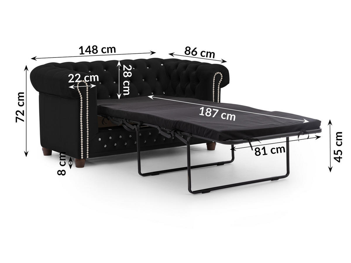CHESTERFIELD-SOFA 2-Sitzer mit Schlaffunktion Cleo Blink Schwarz Samt mit Kristallsteppung und braunen Massivholzfüßen - Schwarz/Braun, Holz/Textil (148/72/86cm) - S-Style Möbel