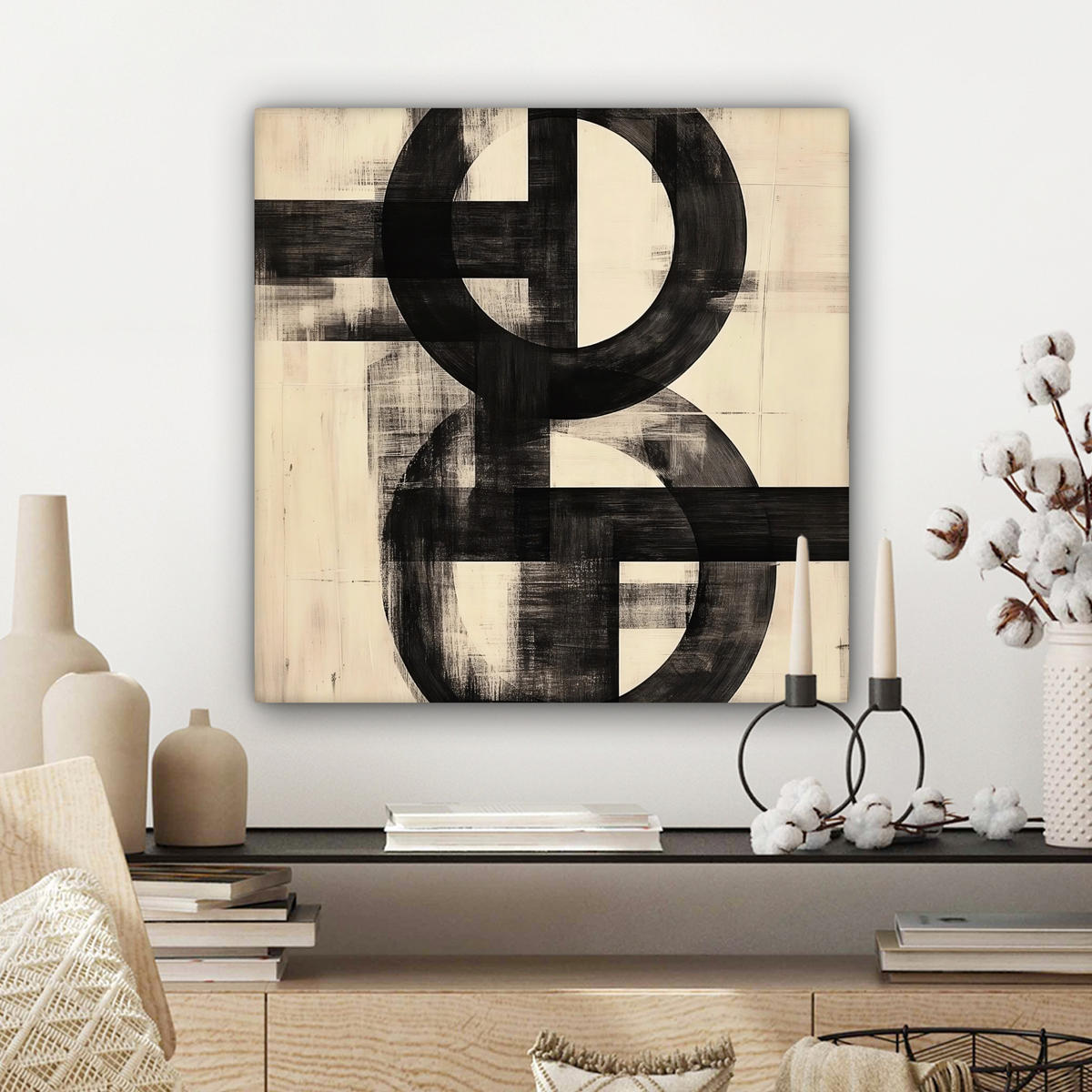 LEINWANDBILD Kreise - Balken - Schwarz - Abstrakt Wandbild Wohnzimmer 50x50 cm - Schwarz, Textil (50/50cm) - MuchoWow