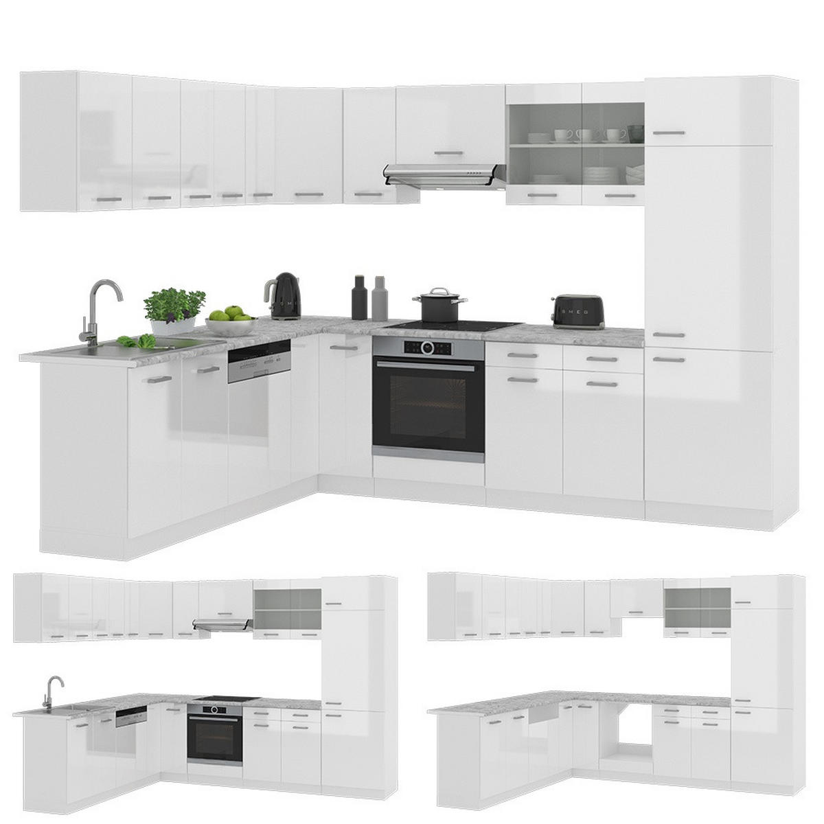 ECKKÜCHE R-Line, Weiß Hochglanz/Weiß, 287 x 227 cm, AP Marmor - Weiß Hochglanz/Weiß, Holzwerkstoff (287/81.6/60cm) - Vicco