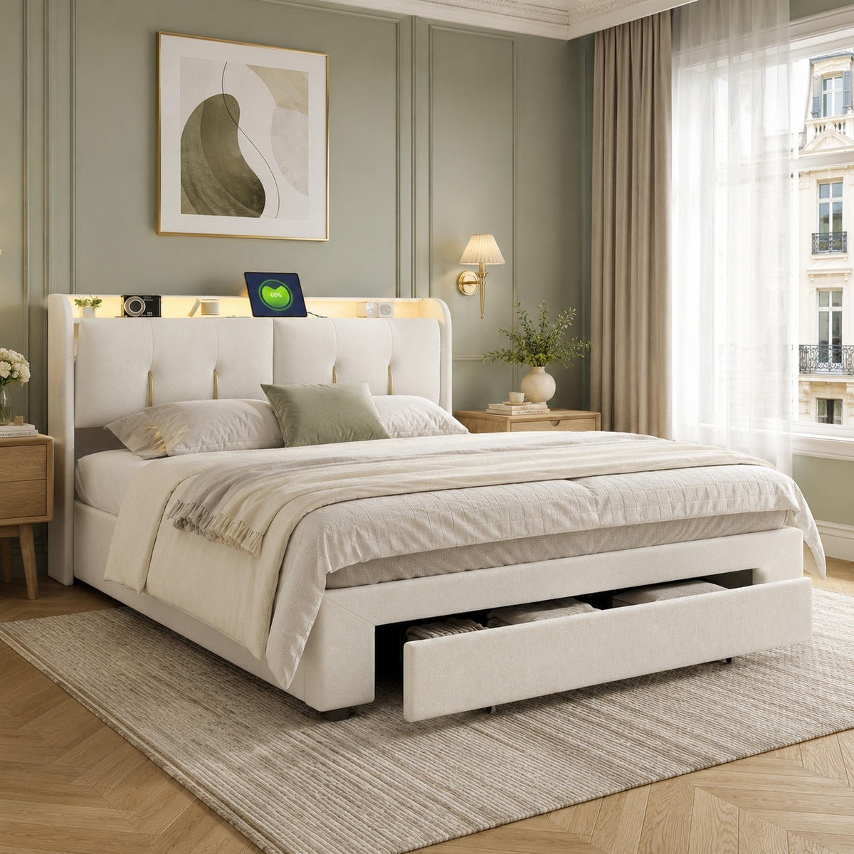 POLSTERBETT 160/200 cm mit USB & LED-Kopfteil und Stauraum - Beige, Holz/Metall (160/200cm) - Joyfair