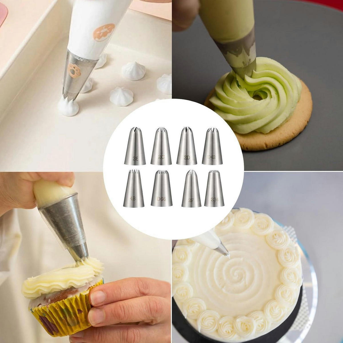 SPRITZTÜLLEN 8-teiliges Set Edelstahl Zuckerguss Kuchen Dekorieren - Silberfarben, Metall (2.5/2.5/4.4cm)