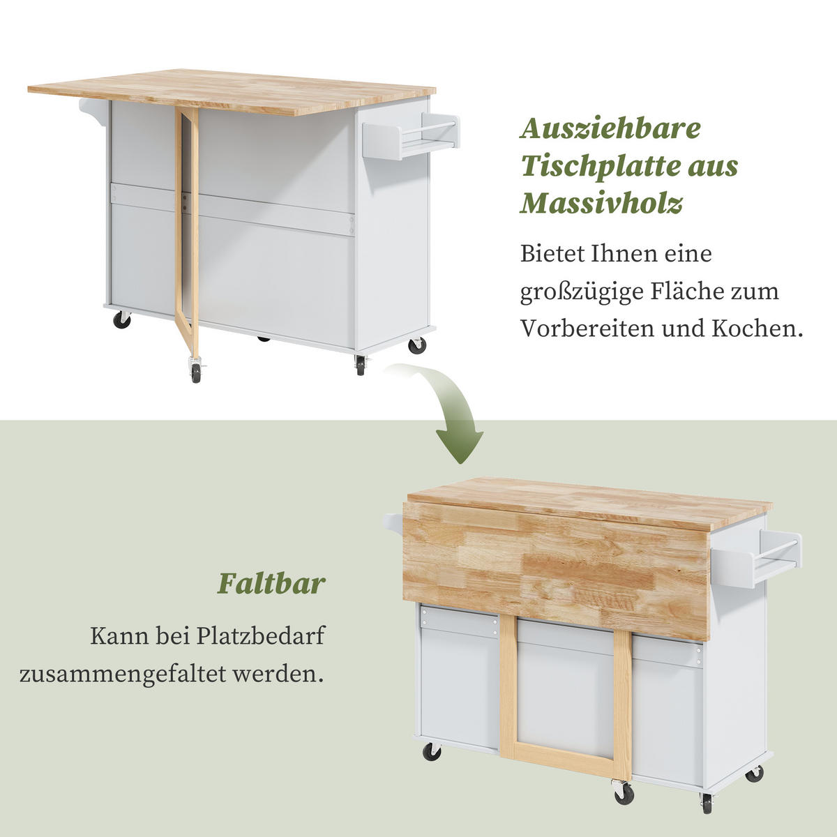 KÜCHENINSEL 137x76x92cm Grau mit Klappplatte, Schrank, 3 Schubladen & Rollen - Grau, Holzwerkstoff (137/92/76cm) - Modfu