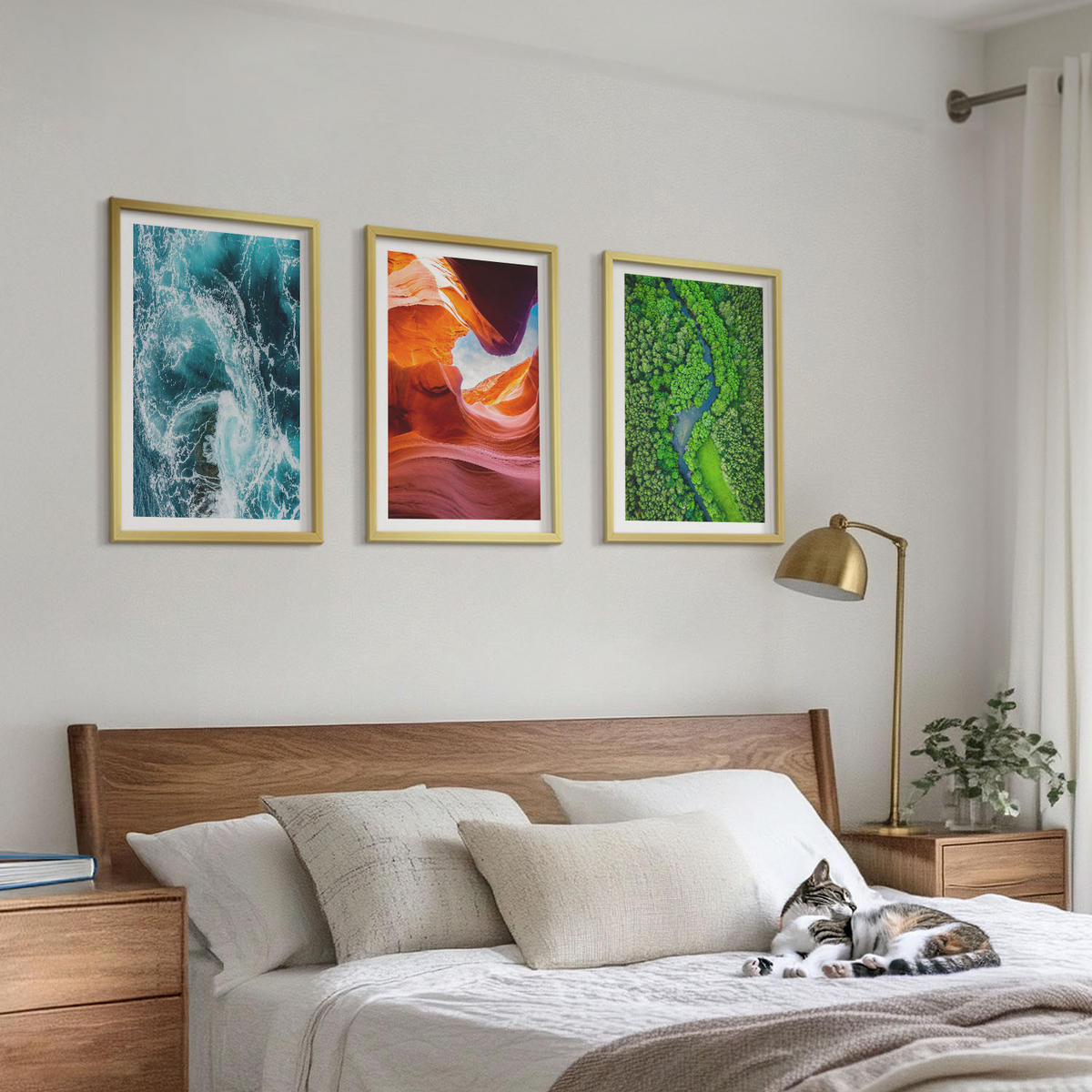 BILDER SET 3er Set - 40x60 cm Goldrahmen - Wasserbewegung Canyon grüner Wald - Goldfarben, Kunststoff (40/60cm) - TULUP